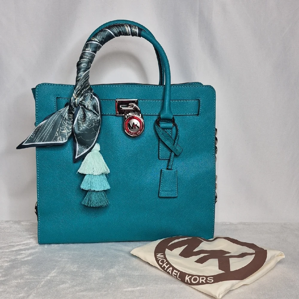 Michael Kors Hamilton Aqua/Turquoise Saffiano Satchel - Picture 3 of 17